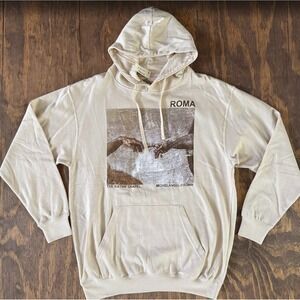 Michelangelo Sistine Chapel Creation of Adam Roma Graphic Hoodie Cream L NWT